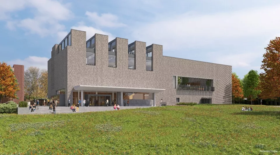 A photorealistic render of the new student life building.