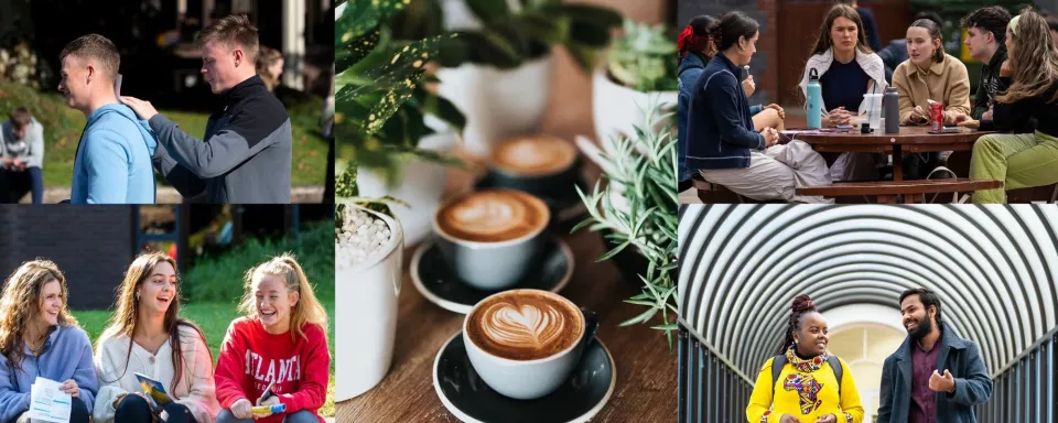 Collage of students around UL campus and coffee cups in centre