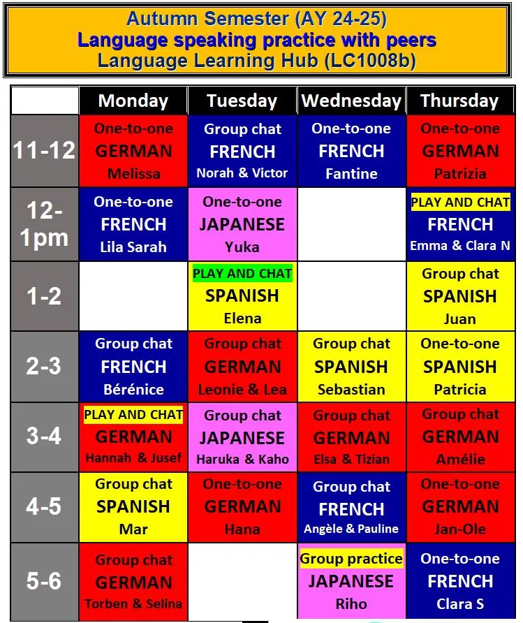 Timetable for the LLH chat sessions (autumn semester 2024)