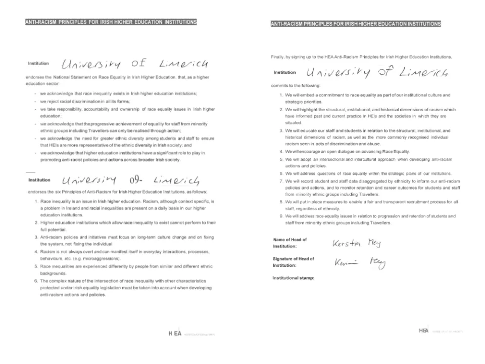 Signed anti-racism principles for Irish Higher Education Institutions.