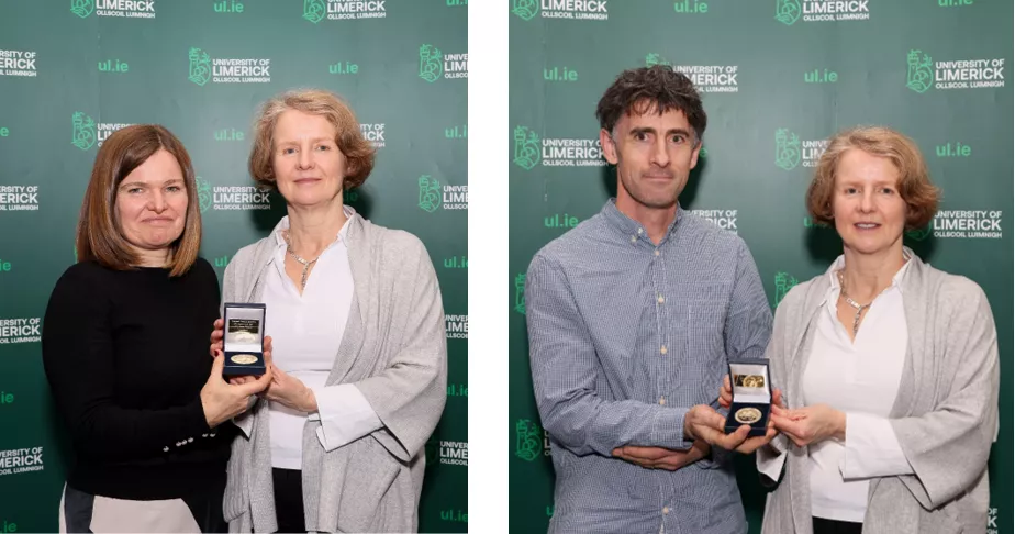 Woman and man being presented by awards by another woman