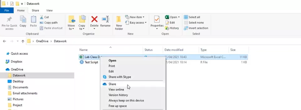 Screenshot of the OneDrive Share option.