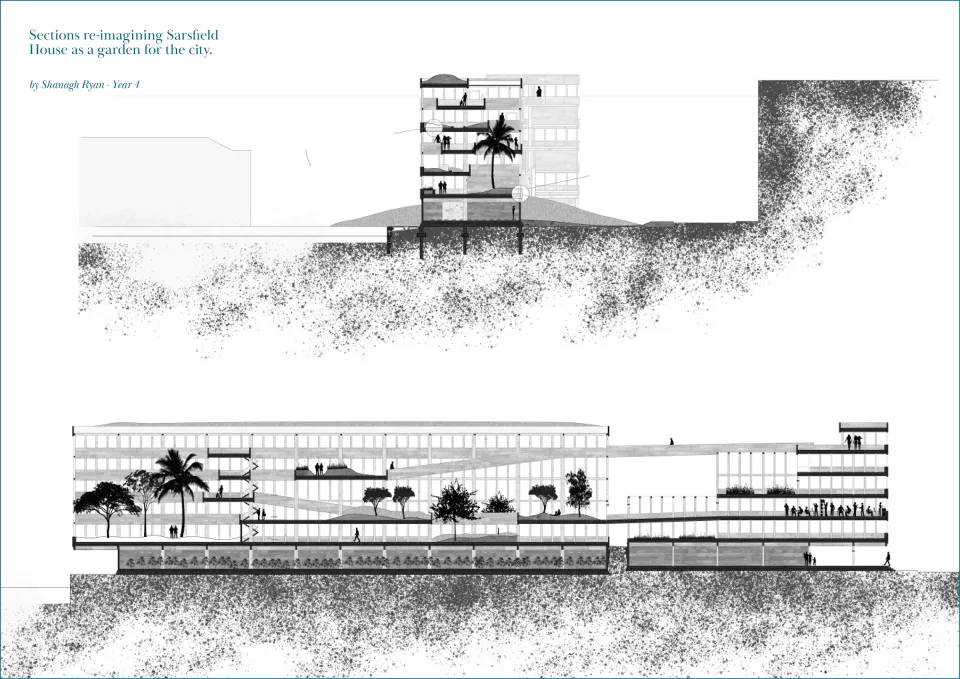 Sections re-imagining Sarsfield House as a garden for the city. Shanagh Ryan.