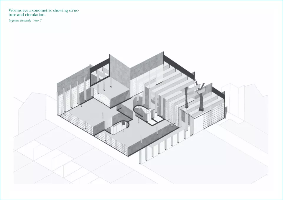 Worms eye axonometric showing structure and circulation. James Kennedy.