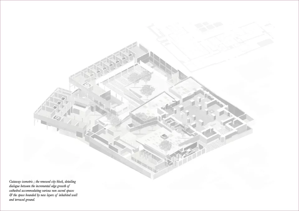 Ciara Marlborough’s monolithic hybrid block houses short-stay facility for factory workers and visitors, a community hall, incubation spaces and maintenance facilities for the tending of gardens, hedges, allotments, streams and drainage culverts.