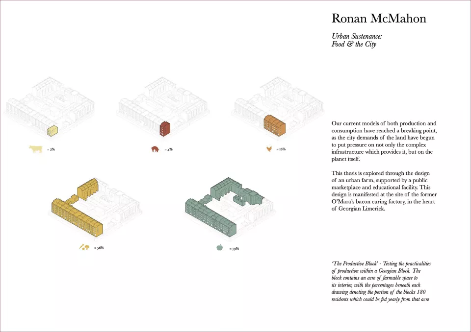   A ground context plan by Máire McGovern showing private and public open space with shadow casts of housing blocks.